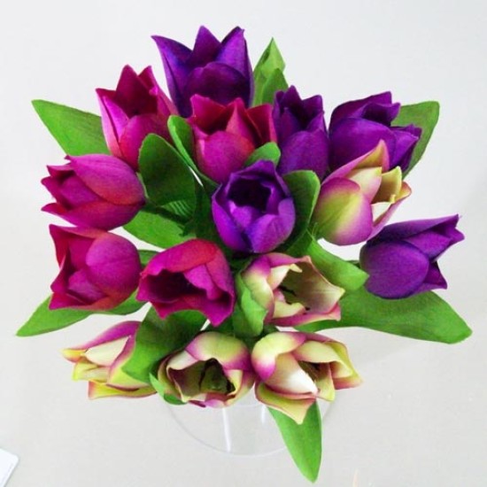 Artificial Tulips Bundle Purple Pink Green 23cm Artificial Flowers